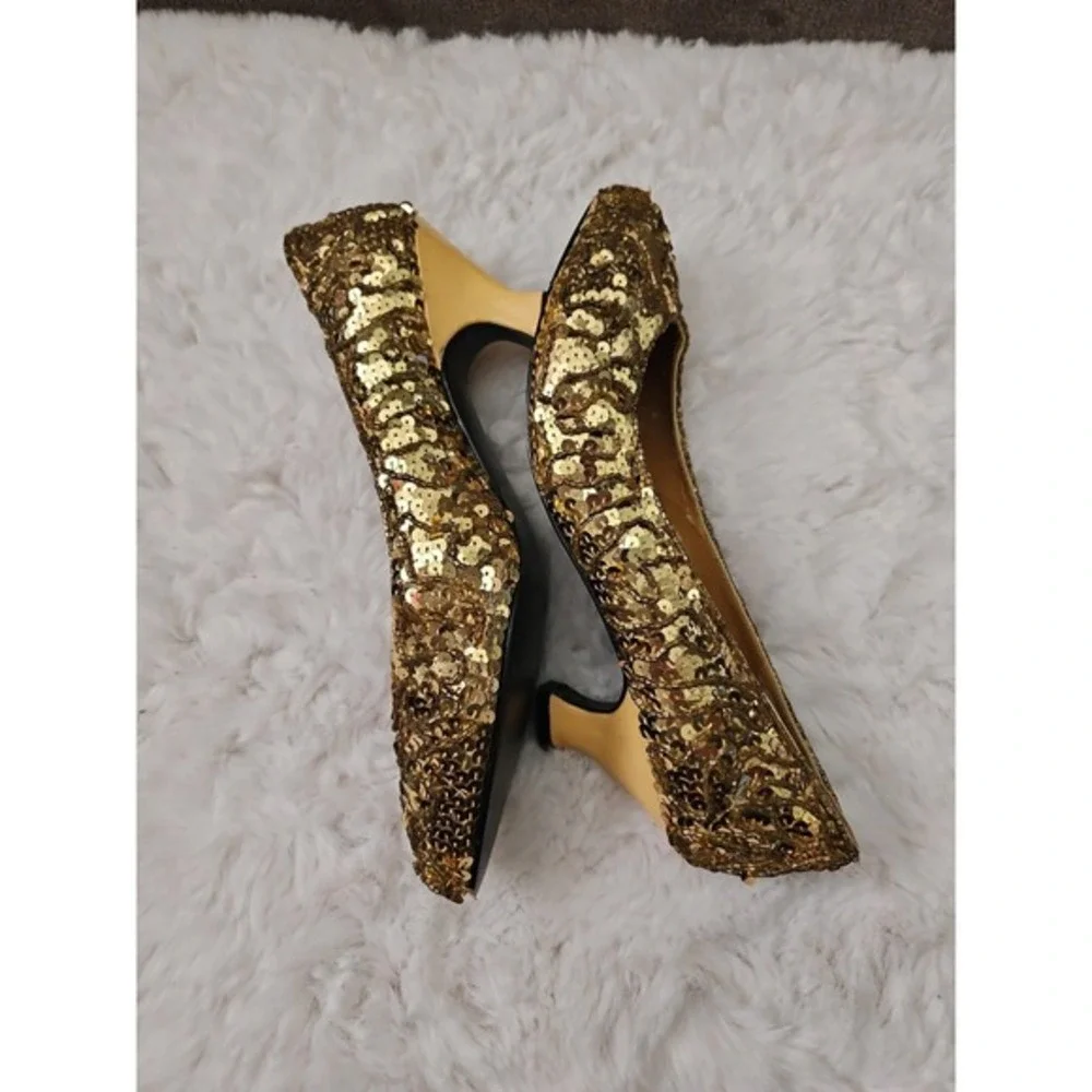 Valenti Franco Gold Sequin Beaded Kitten Heels‎ Pumps Size 7.5 Vintage Glam